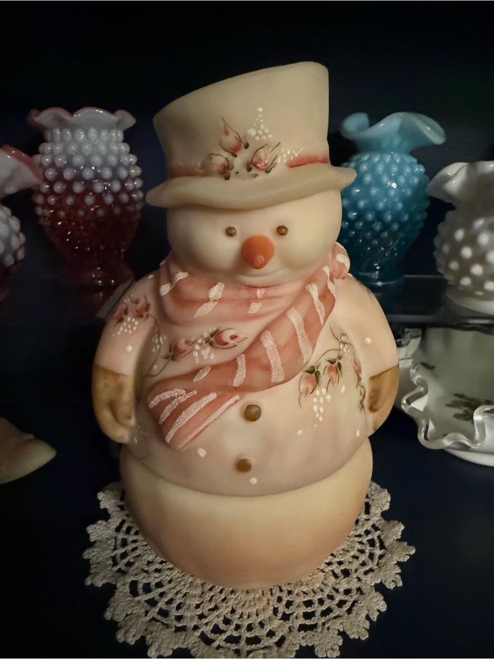 Fenton Burmese hand painted Snowman fairy lamp - Glows!